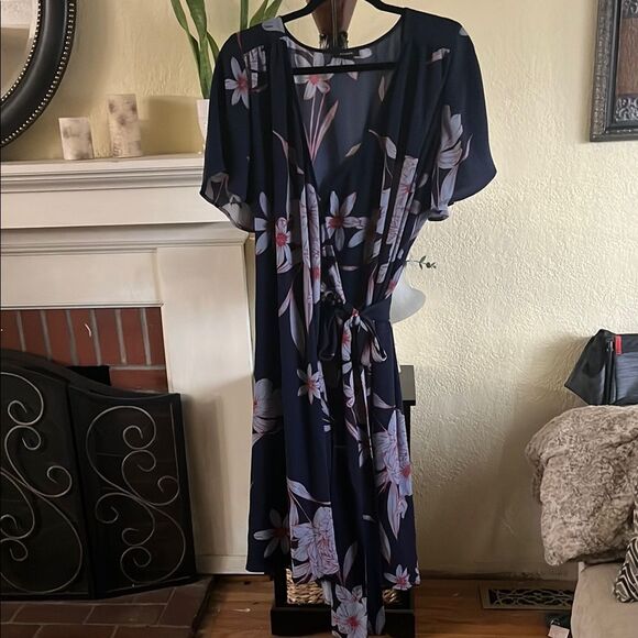 Halogen Blue and Pink Floral Flutter Sleeve Wrap Dress - Picture 1 of 3